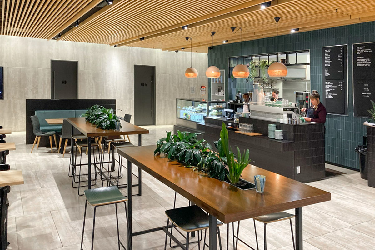 Bright open-plan interior office fit out with modern workstations, large windows, ergonomic chairs, and green and grey patterned carpet.